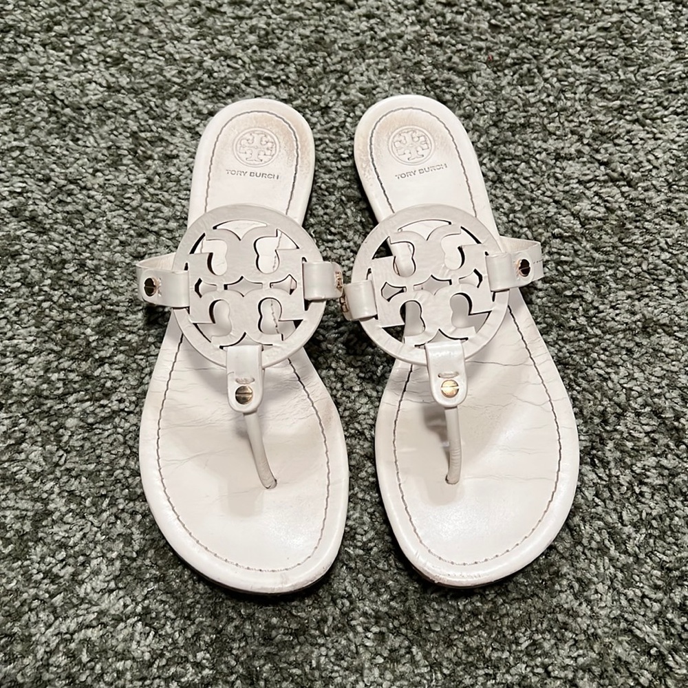 Tory Burch White Miller Leather Logo Thong Sandals